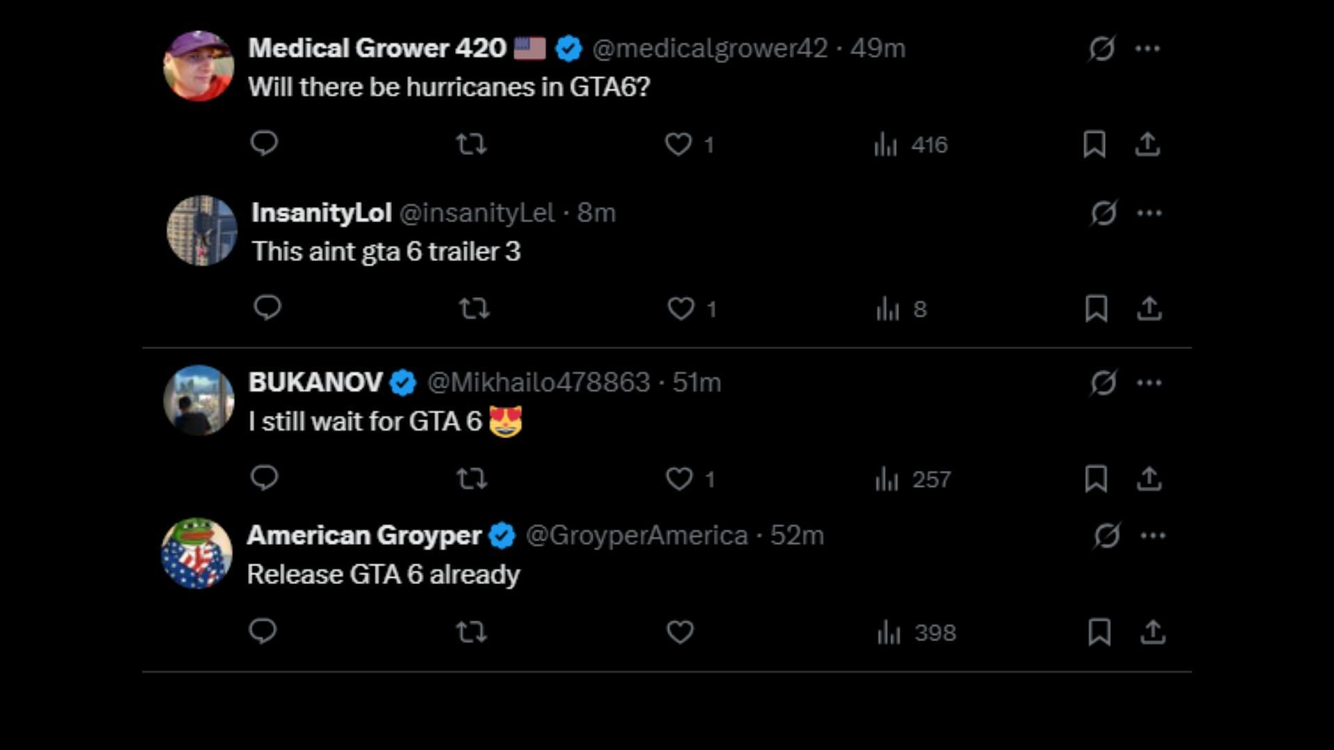 Fans commenting about Grand Theft Auto 6 on a GTA Online X post (Images via X)